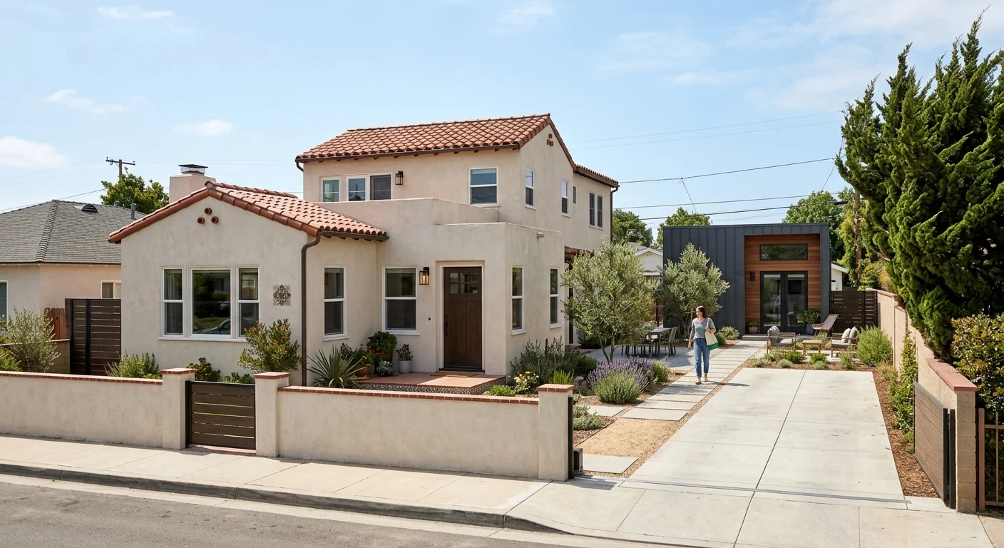 Narrow San Diego County lot with an attached side unit and a detached backyard ADU