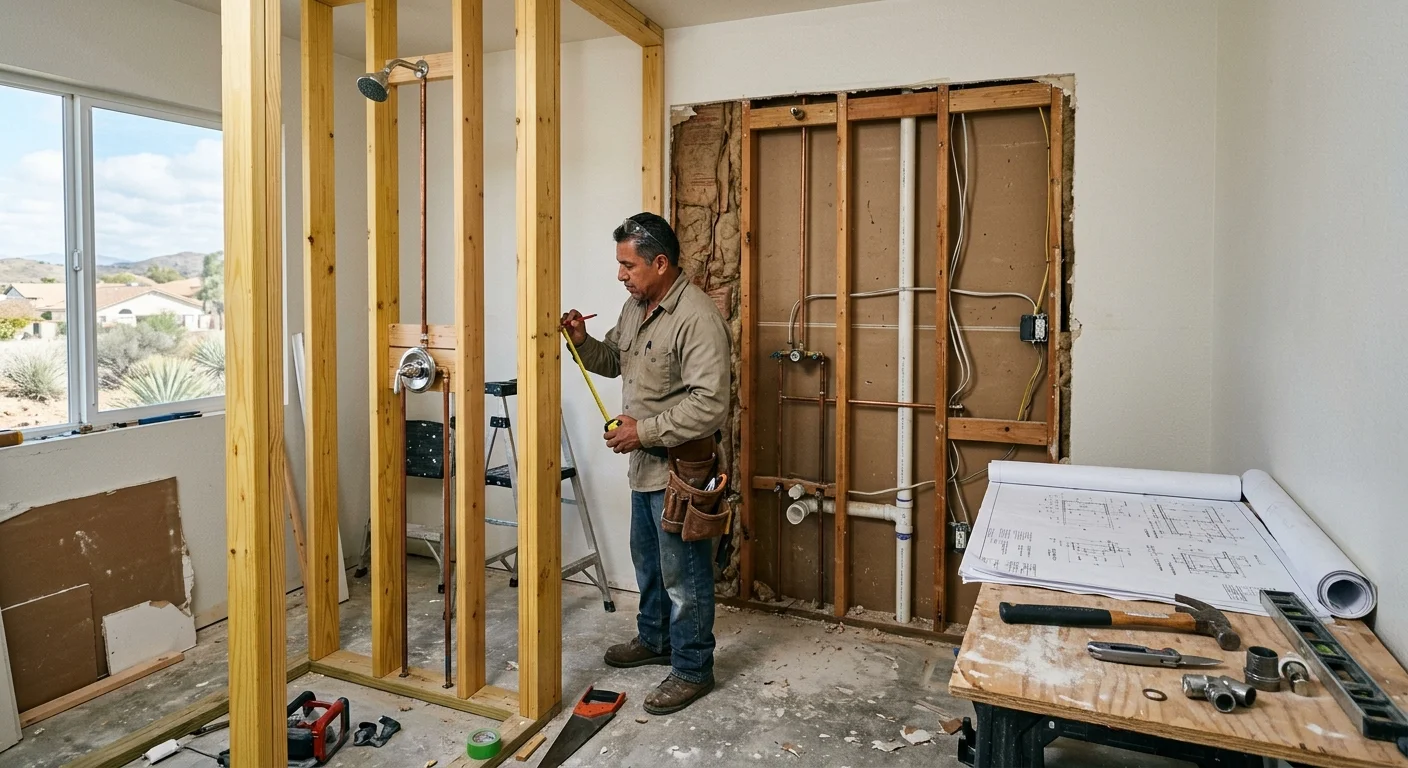 Opened bathroom wall with plumbing rough-ins and rolled plans