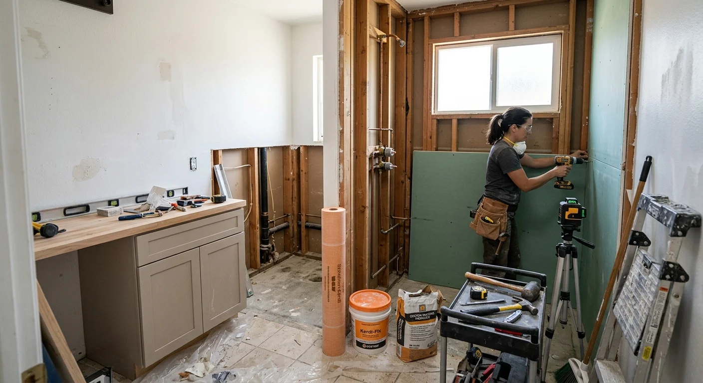 Opened Encinitas shower alcove with wall backing and waterproofing materials in coastal daylight