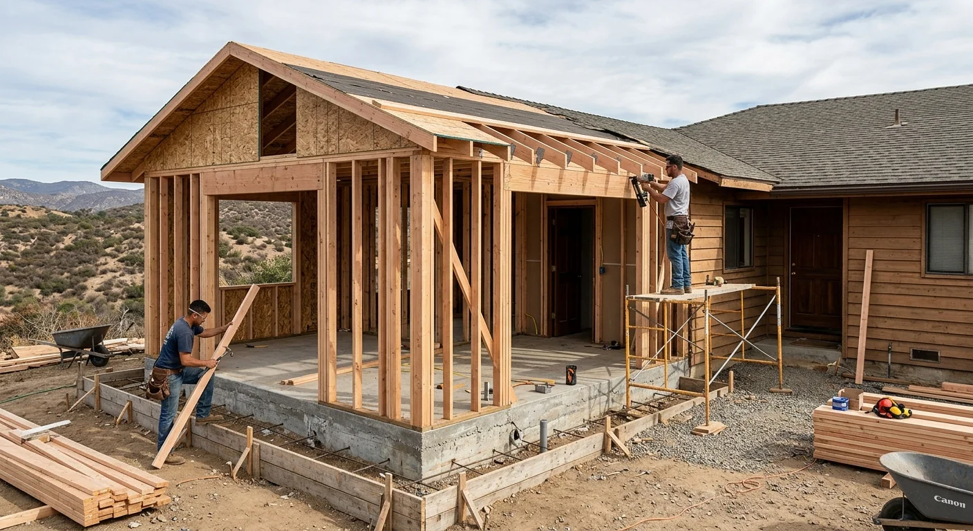 East County ranch house with a first-floor bedroom addition under framing beside the existing hallway wall