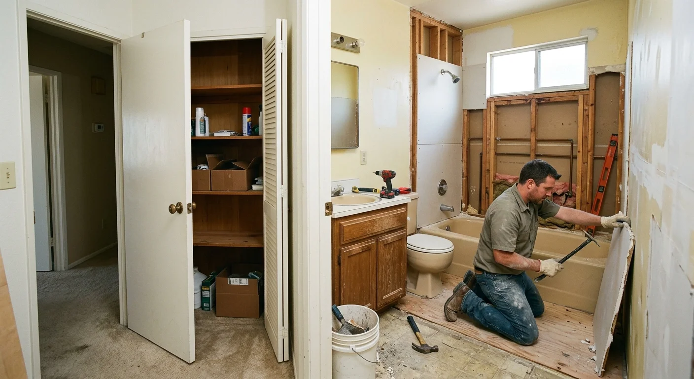 Opened tub alcove in a 1970s Mira Mesa tract hall bathroom during remodel