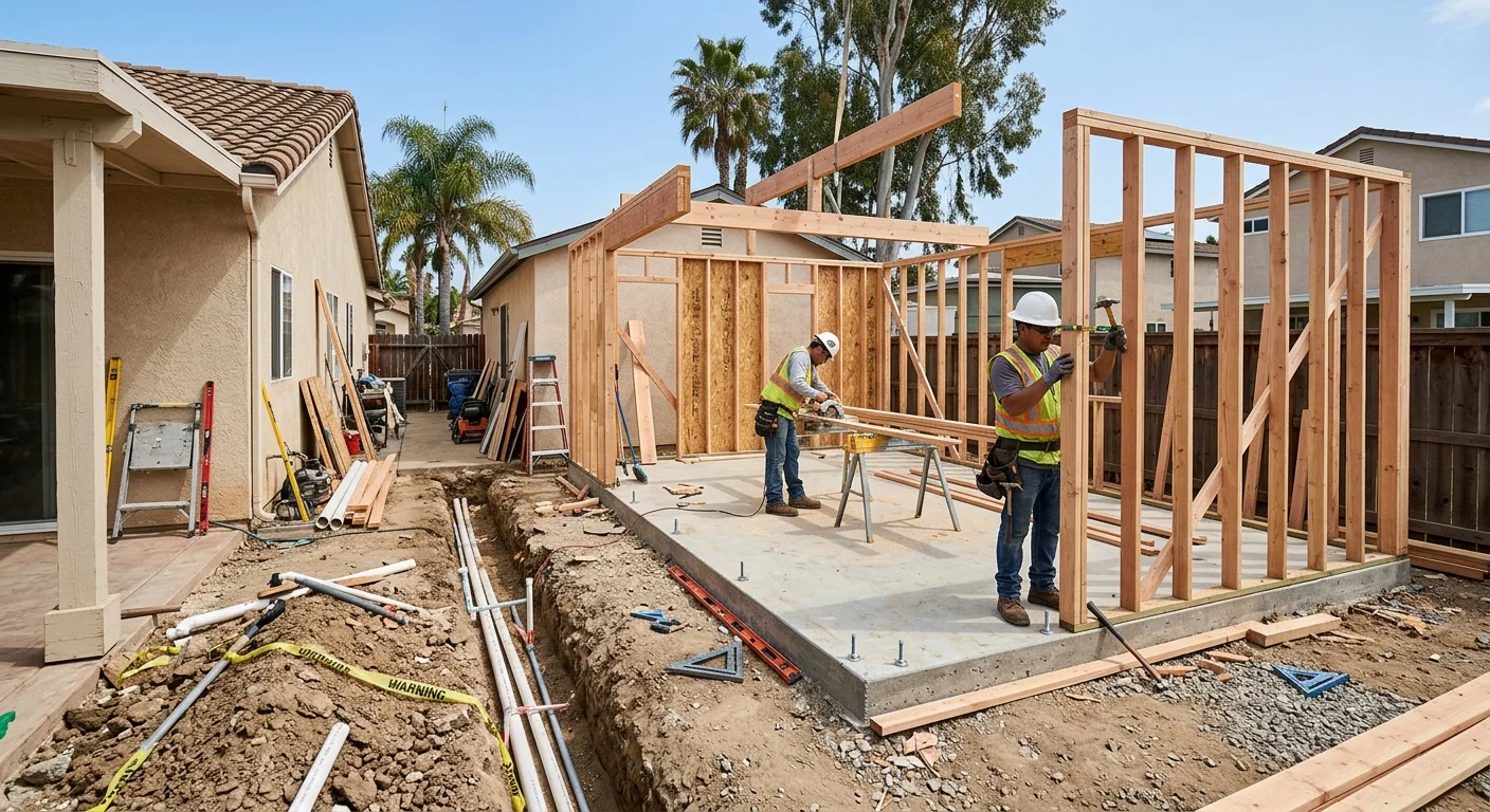 Backyard ADU construction with foundation framing and a utility trench