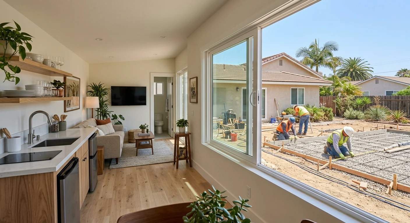 San Diego County house with an interior junior ADU room and a backyard ADU foundation