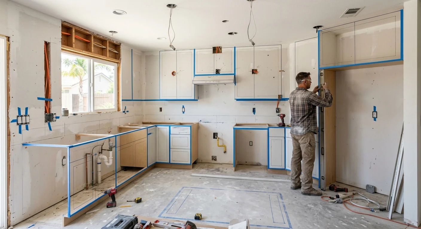 Electrical rough-ins and marked cabinet locations in a kitchen remodel