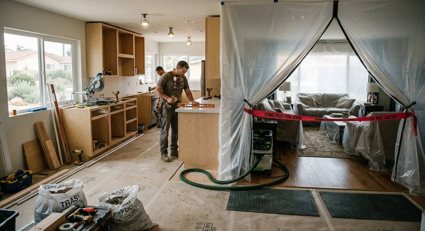 Furnished living area sealed off from a kitchen work zone in a San Diego County remodel