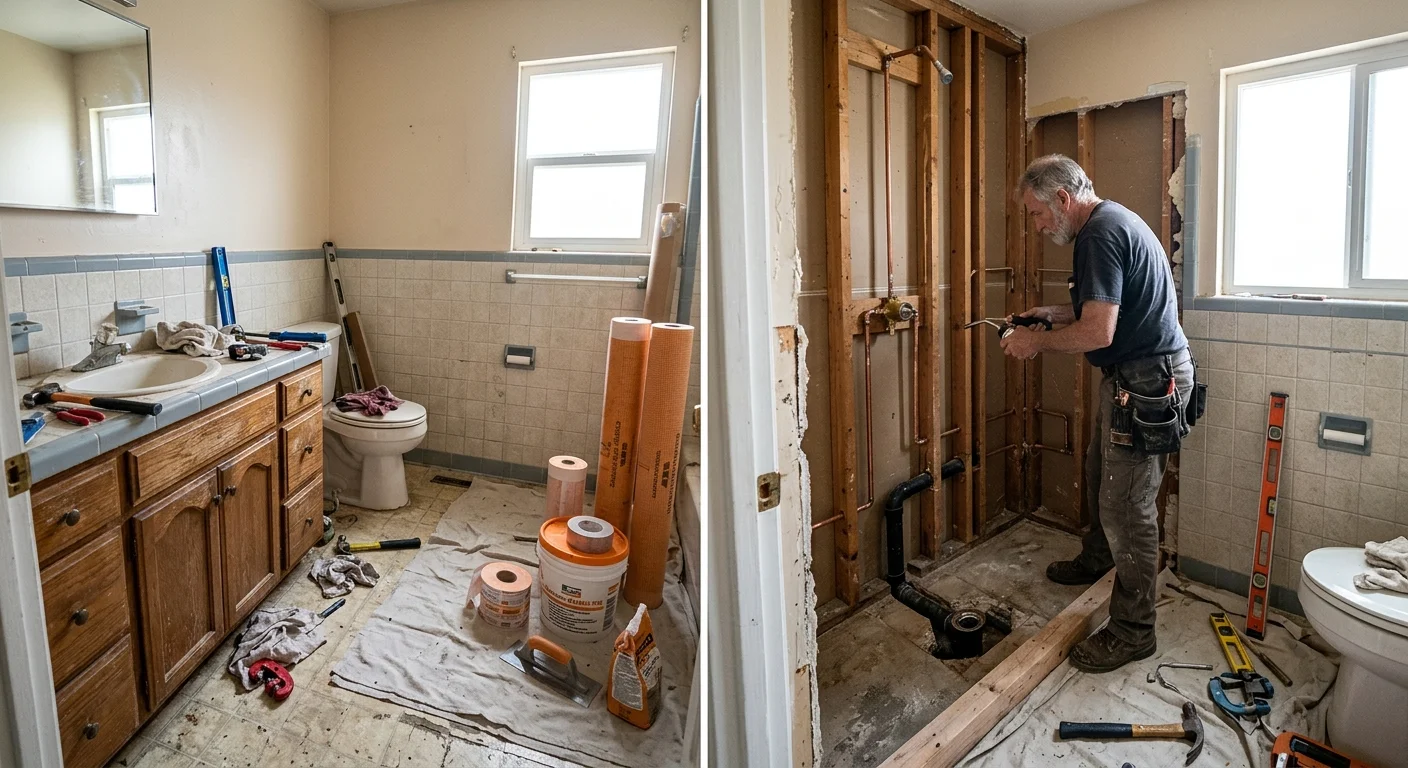 Opened bathroom alcove during an Oceanside tub-to-shower conversion