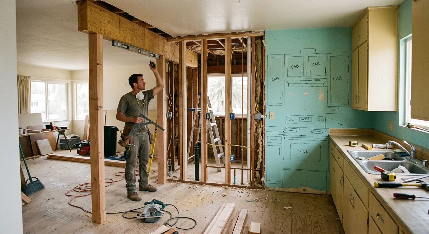 A 1950s Clairemont ranch kitchen with an interior wall opened, temporary posts, and header framing visible