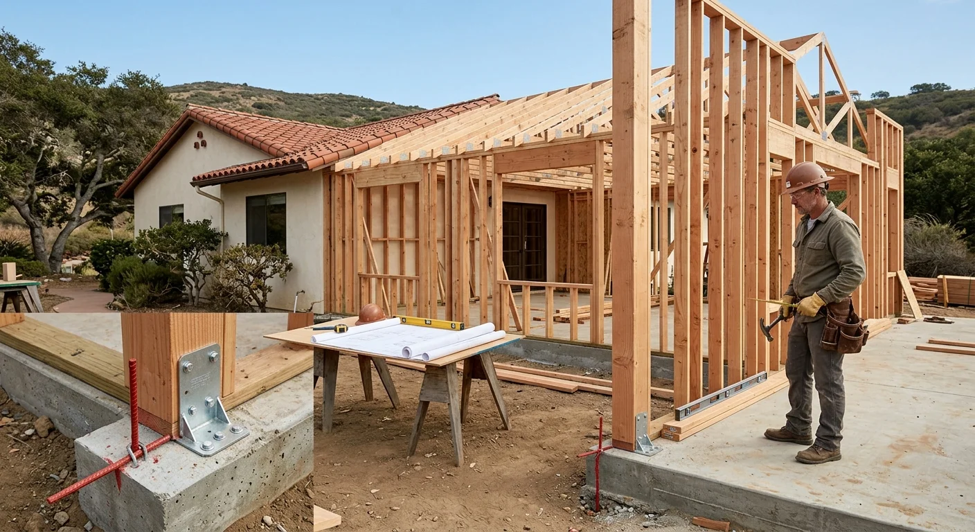 Framed ranch house addition with structural plans and a roof connection