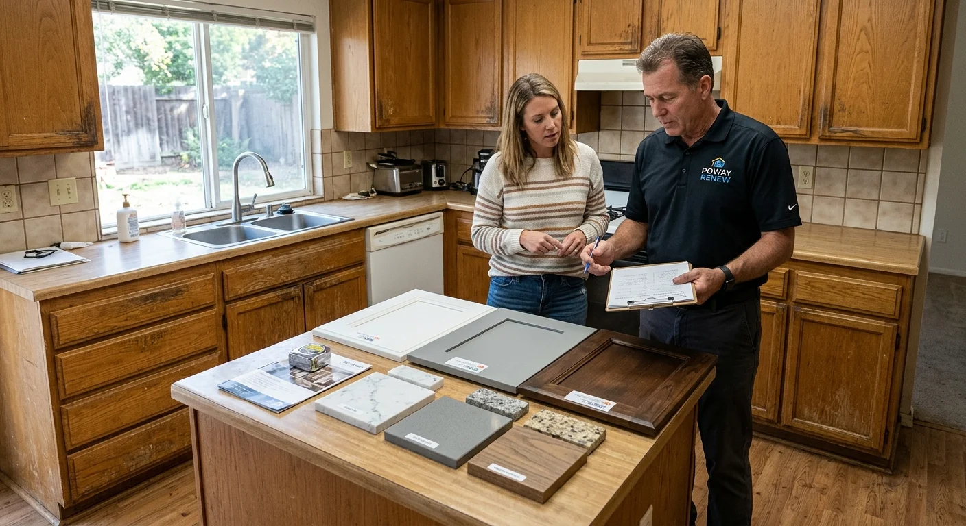 Poway tract kitchen with worn cabinets, counter samples on the island, and a contractor reviewing the pre-listing scope