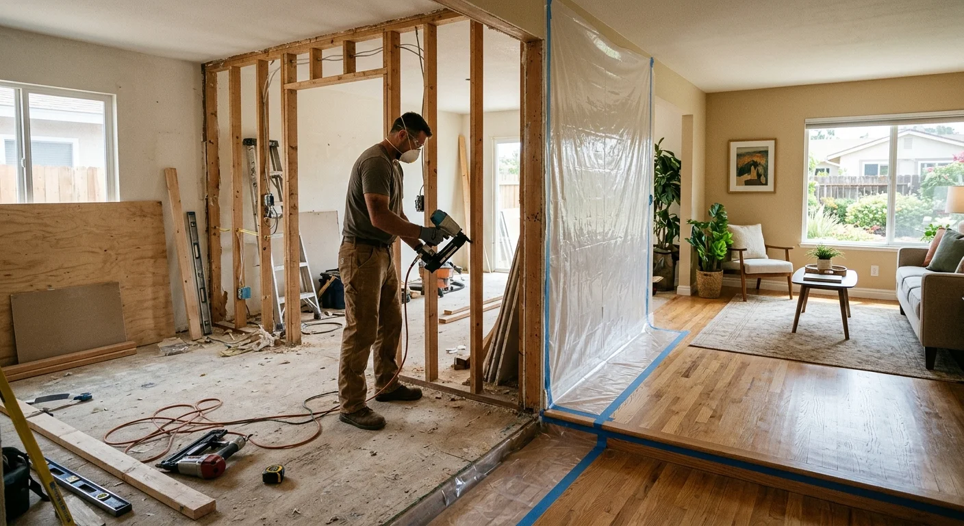 San Diego County home with one room open for remodel and the next room protected at a marked floor transition