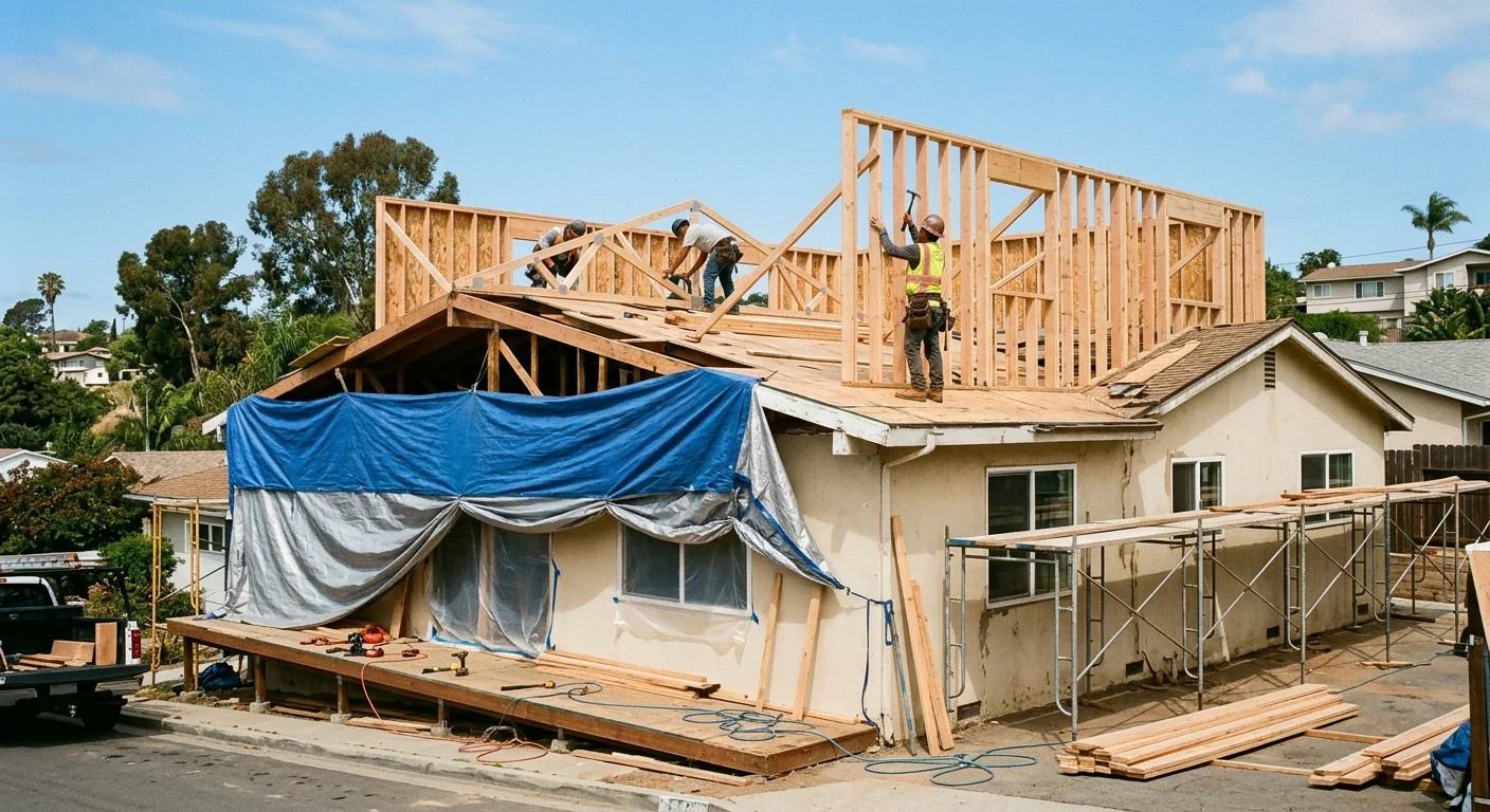Ranch house in La Mesa with the roof off and new second-story walls framed above