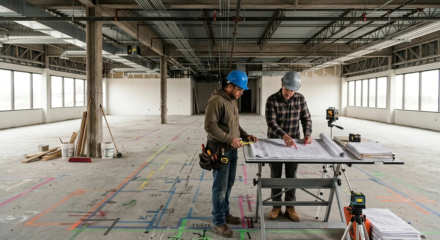 Vacant Kearny Mesa commercial suite with open ceiling, exposed utilities, and layout marks on the floor