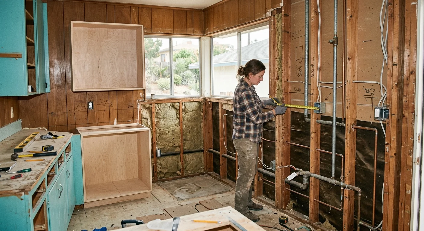 Clairemont ranch kitchen with open walls and exposed utility rough-ins