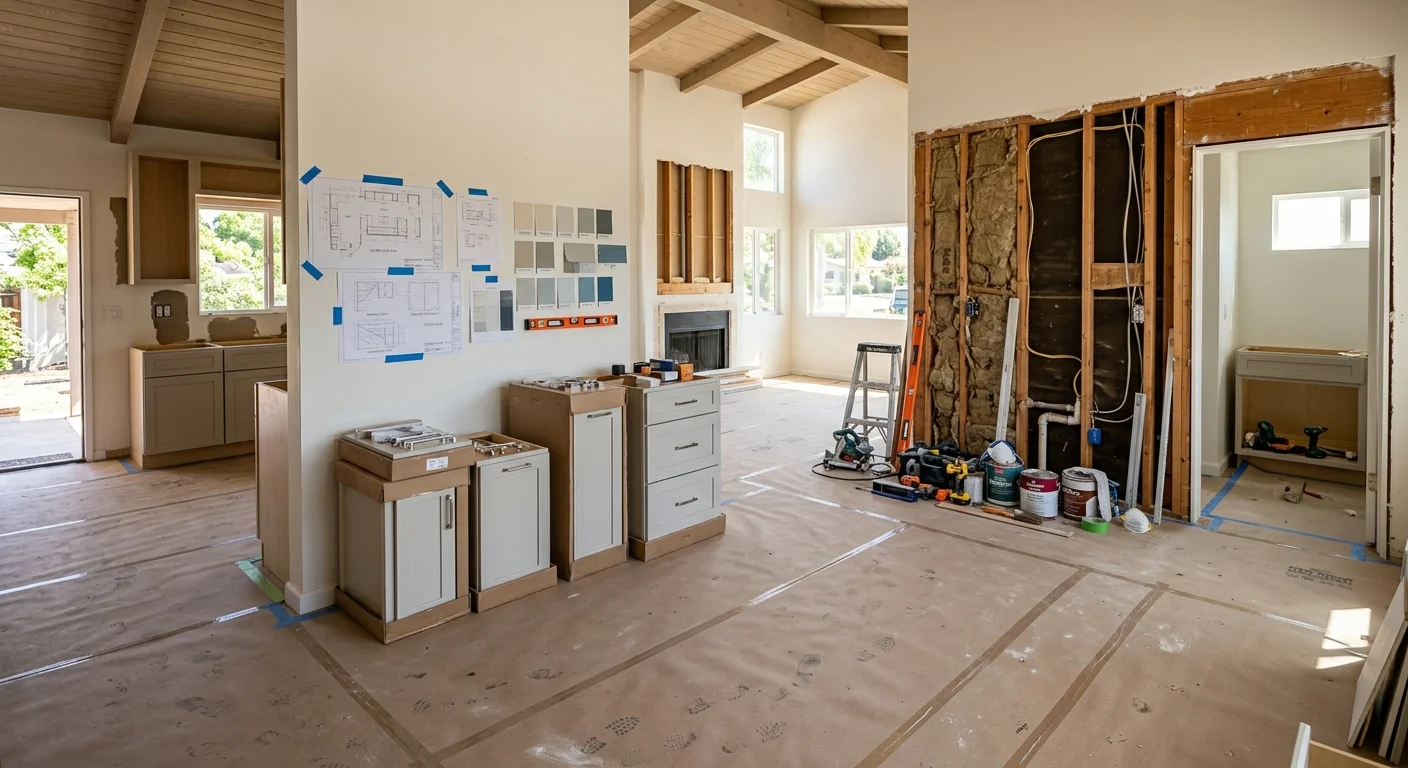 Empty San Diego County house with opened walls, protected floors, and remodel work staged before move-in