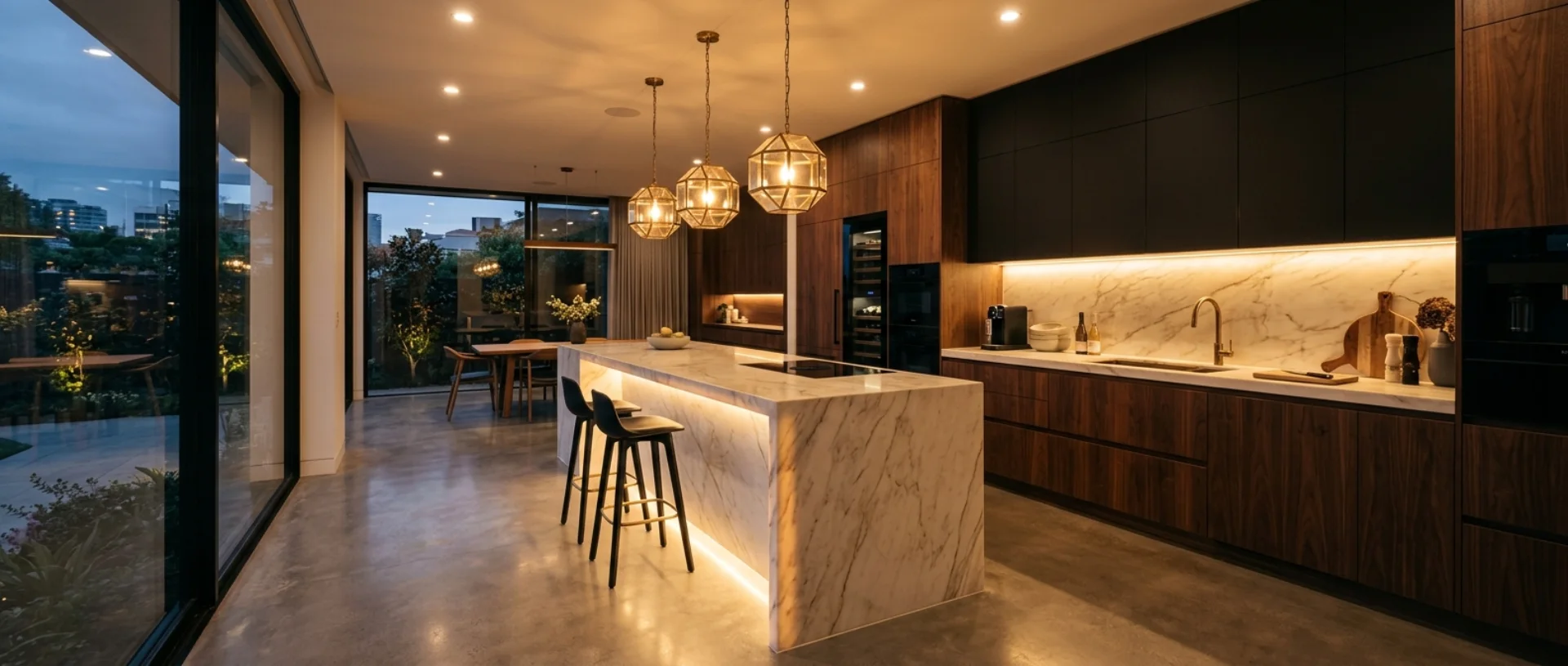 A remodeled modern kitchen with a marble island in San Diego County