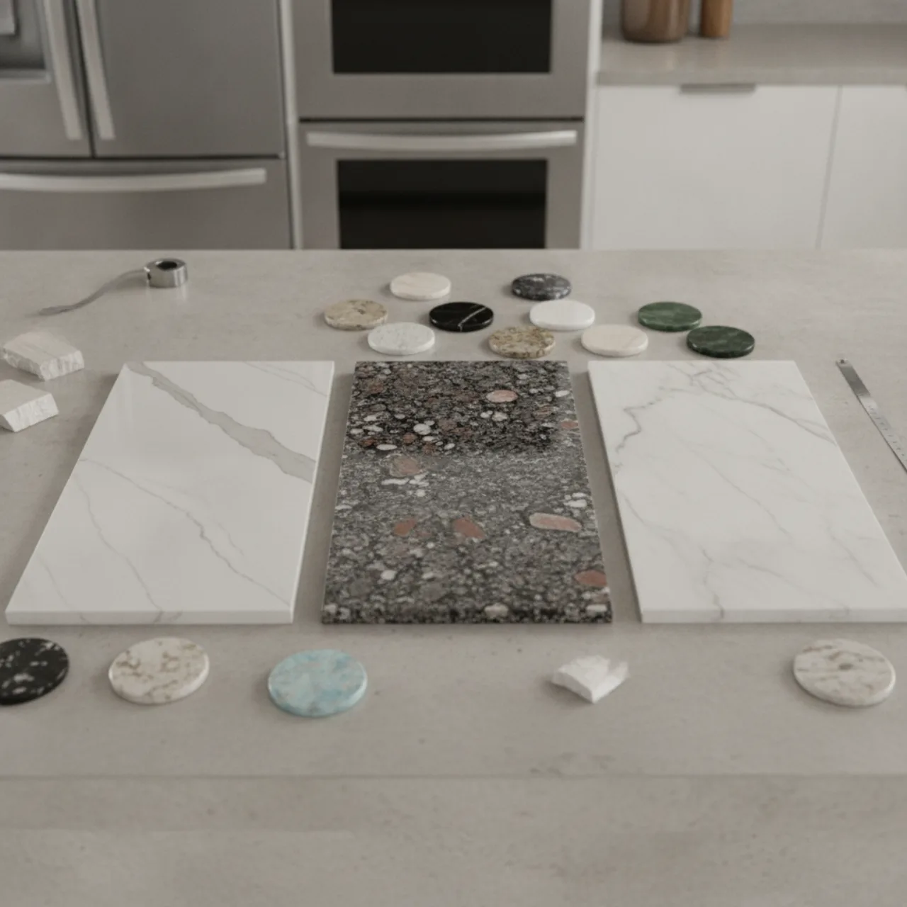 Muestras de material de mostrador acomodadas sobre un mostrador de cocina