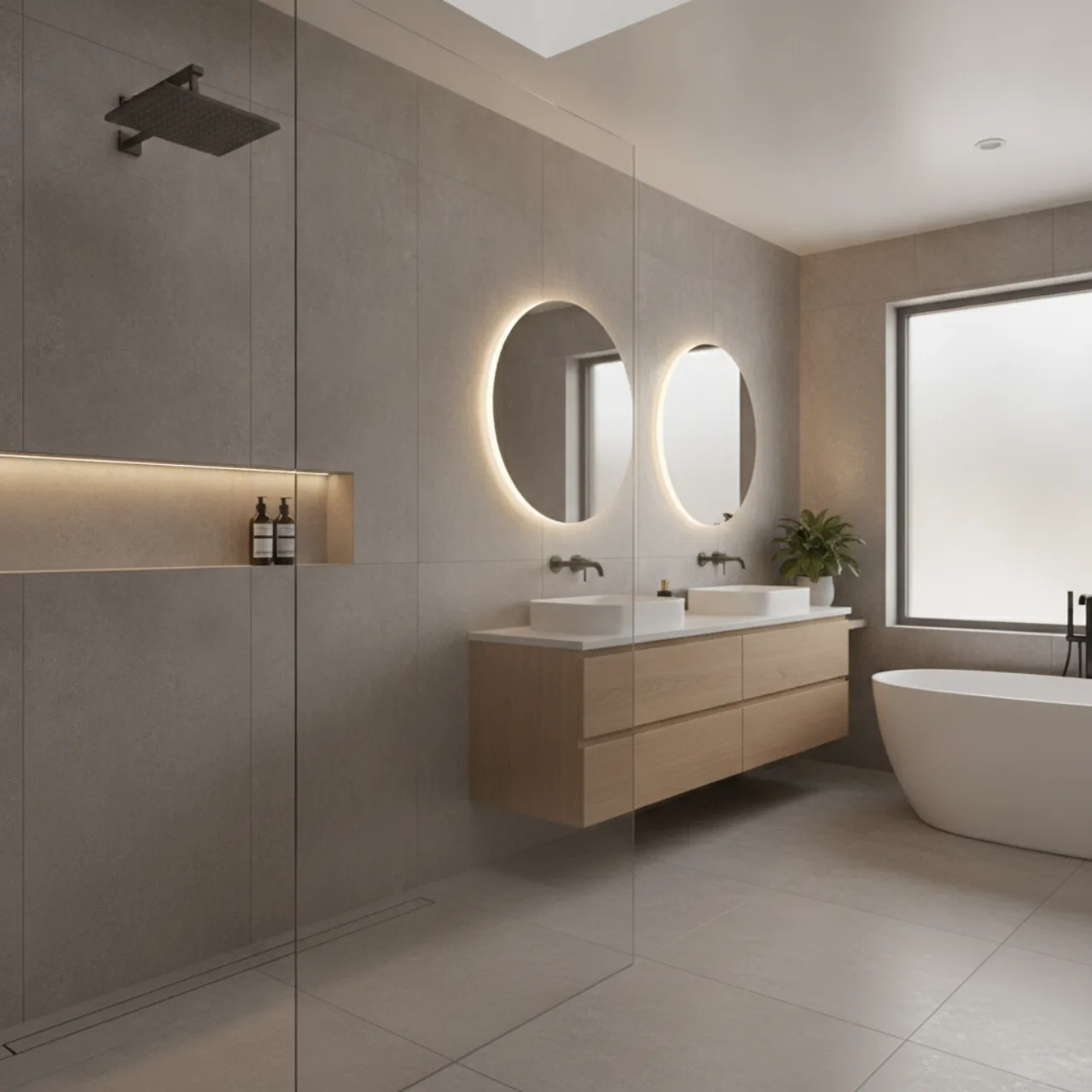 Un baño remodelado con una regadera de azulejo sin escalón y un lavabo flotante