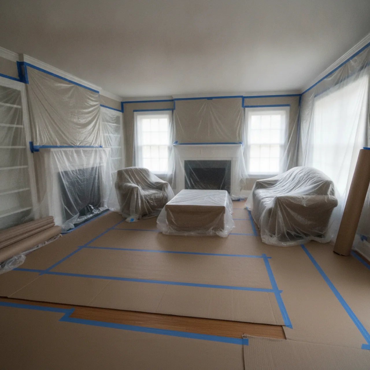 Un cuarto despejado y protegido con plástico antes de una remodelación