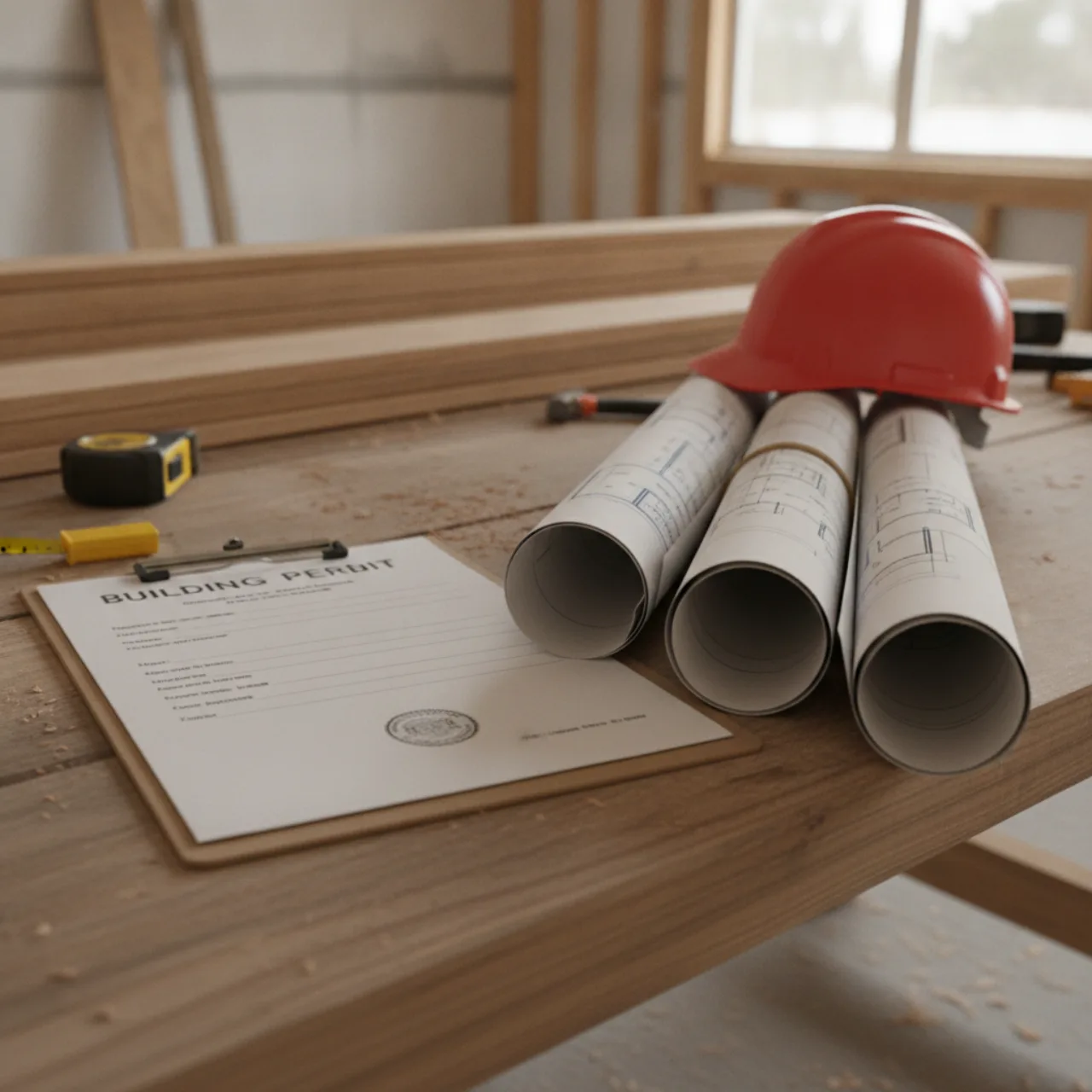 Un permiso de construcción y planos sobre una mesa en el sitio de una remodelación