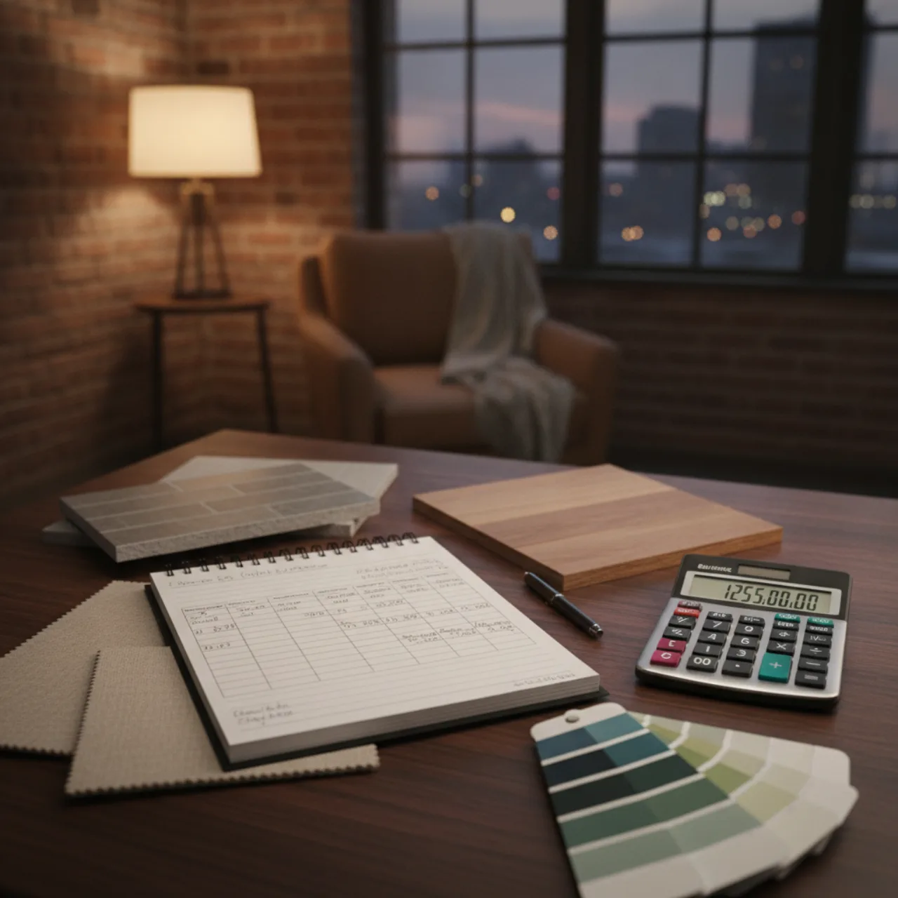 Un cuaderno con el desglose de un presupuesto de remodelación junto a una calculadora