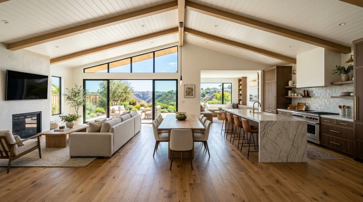 Interior de casa en San Diego County completamente remodelada con planta abierta, pisos nuevos y cocina a la medida
